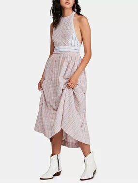 FREE PEOPLE Color Theory Pretty in Pink Plaid  Midi Dress NWT sz S